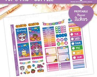 Puede incluir: Pegatinas imprimibles para planificador con temática del Día de Muertos. Las pegatinas incluyen una calavera con flores, una vela, una calavera de azúcar y una variedad de otros elementos festivos. Las pegatinas están diseñadas para ser usadas en un planificador o diario.