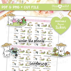 Gardening Printable Planner Stickers, Water the plants, Bear Stickers, Cricut and Silhouette files, Bullet Journal Stickers