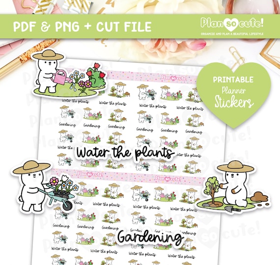 Gardening Printable Planner Stickers, Water the plants, Bear Stickers, Cricut and Silhouette files, Bullet Journal Stickers
