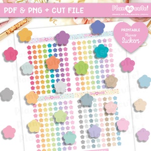 Può includere: Adesivi per planner stampabili con uno schema di colori arcobaleno. Gli adesivi hanno la forma di fiori e hanno il testo "Plan so cute!" su di essi.