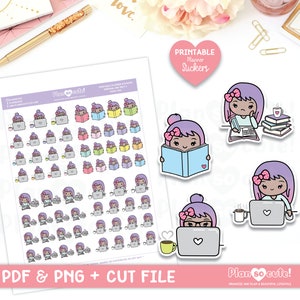Puede incluir: Pegatinas imprimibles para planificador con una niña de dibujos animados con cabello morado y lazos rosas. Las pegatinas muestran a la niña leyendo un libro, trabajando en una computadora portátil y estudiando con una taza de café y una pila de libros. El texto "Pegatinas imprimibles para planificador" está en un corazón rosa.