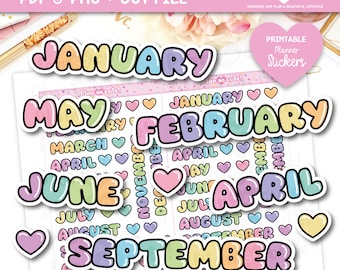 Big Fluffy Months Script, Printable Planner Stickers