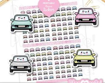 May include: Printable planner stickers featuring cute cartoon cars in various pastel colors. The sheet includes 100 stickers with a "Plan so cute!" design.