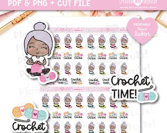 Emily Loves Crochet Printable Stickers, Dark skin, Crocheting Stickers, Cricut and Silhouette Files, For personal use