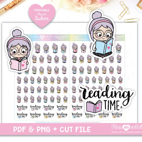 Emily Reading Time Printable Planner Stickers, Read Stickers, Emily Light Skin, Printable Stickers, Silhouette and Cricut File