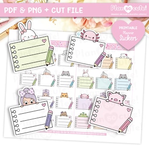 Puede incluir: Pegatinas imprimibles para planificador con animales lindos mirando por encima del papel de bloc de notas con lápices. Las pegatinas son de varios colores y diseños, incluyendo un conejo, un ajolote, un gato, una rana y un cerdo.