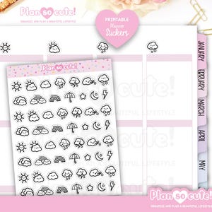 May include: A sheet of planner stickers with weather-themed designs, including suns, clouds, rainbows, and umbrellas. The stickers are black and white and are displayed on a white background with pink accents. The text "Plan so cute!" is visible.