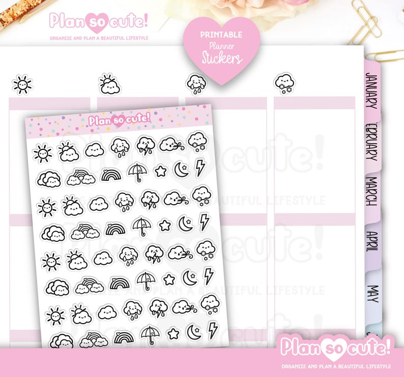 May include: A sheet of planner stickers with weather-themed designs, including suns, clouds, rainbows, and umbrellas. The stickers are black and white and are displayed on a white background with pink accents. The text "Plan so cute!" is visible.