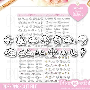 May include: A sheet of printable planner stickers featuring weather-themed designs. Includes sunny, cloudy, rainy, and stormy icons, along with rainbows, umbrellas, and lightning bolts. The stickers are black and white.