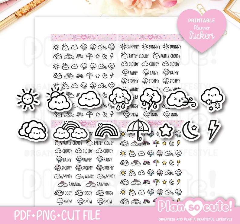 May include: A sheet of printable planner stickers featuring weather-themed designs. Includes sunny, cloudy, rainy, and stormy icons, along with rainbows, umbrellas, and lightning bolts. The stickers are black and white.