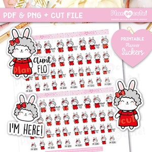 Puede incluir: Pegatinas imprimibles para planificador con un conejito de dibujos animados que lleva un vestido rojo y un lazo blanco. Las pegatinas incluyen el texto "Aunt Flo" y "I'm Here!" en un fondo de lunares rosa y blanco.