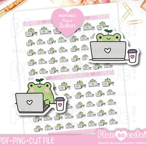 May include: Printable planner stickers featuring a green frog with a small plant on its head sitting in front of a laptop computer with a heart on the screen. The frog is holding a coffee cup. There are multiple copies of the sticker in various sizes and arrangements.