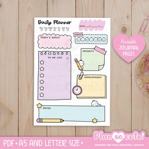 Puede incluir: Un planificador diario imprimible con un dise&ntilde;o lindo. El planificador incluye secciones para objetivos, listas de tareas, citas y notas. El dise&ntilde;o presenta colores pastel, estrellas y una etiqueta en forma de coraz&oacute;n que dice "Printable JOURNAL PAGES".