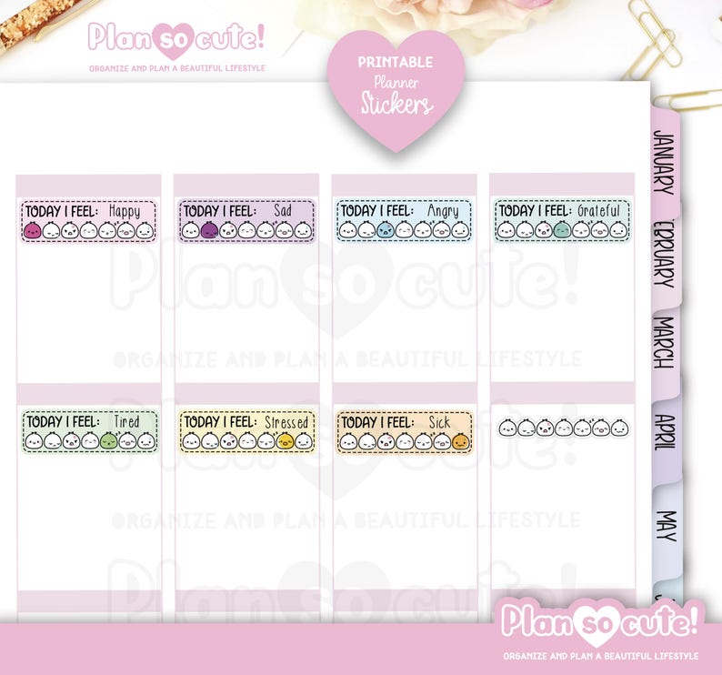 May include: Printable planner stickers featuring a row of cute cartoon characters with different emotions. The stickers say "Today I Feel" followed by the emotion, such as "Happy", "Sad", "Angry", "Grateful", "Tired", "Stressed", and "Sick".