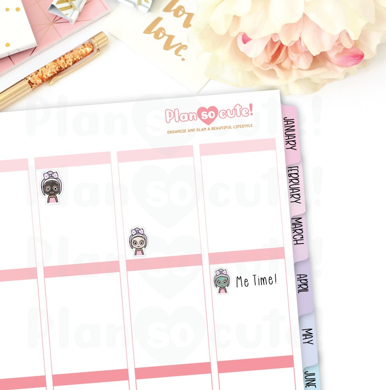 Spa Day Printable Planner Stickers Dark Skin Silhouette and Cricut File Emily Me Time