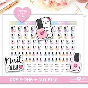 Puede incluir: Pegatinas imprimibles para planificadores con un lindo oso sosteniendo una botella de esmalte de uñas. Las pegatinas son de varios colores pastel y tienen el texto "Nail Polish" y "Plan so cute!"