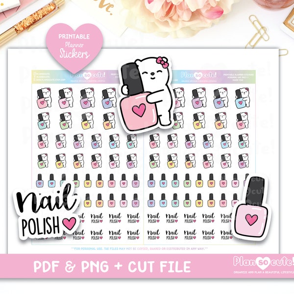 Cleo Nail Polish Printable Planner Stickers, Bear Stickers, Cricut and Silhouette files, Bullet Journal Stickers, Character Stickers