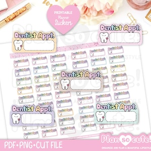 May include: Sheet of planner stickers with the text "Dentist Appt." and a cartoon tooth graphic. The stickers are in various pastel colors and include the text "PDF + PNG + CUT FILE" and "Plan so cute!"