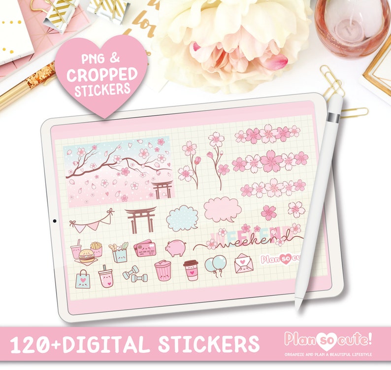 Puede incluir: Una hoja de pegatinas digitales con m&aacute;s de 120 pegatinas rosas y azules con flores de cerezo, puertas japonesas, comida y otras ilustraciones lindas. El texto "Plan so cute!" est&aacute; en la parte inferior de la hoja.