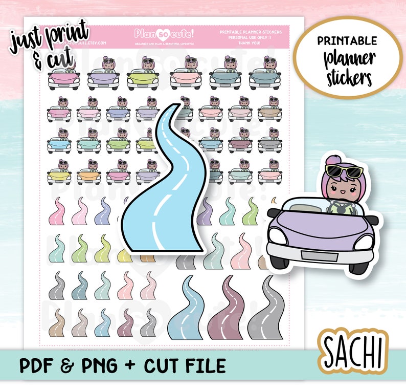 May include: Printable planner stickers featuring a girl driving a car, a winding road, and a variety of cars in different colors. The text "Plan so cute!" and "Printable planner stickers" is included in the image.