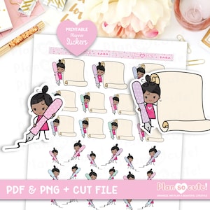 May include: Printable planner stickers featuring a cartoon girl holding a pen and a scroll. The stickers are in pink, blue, and green colors. The text "Plan so cute!" is on the bottom right corner of the image.