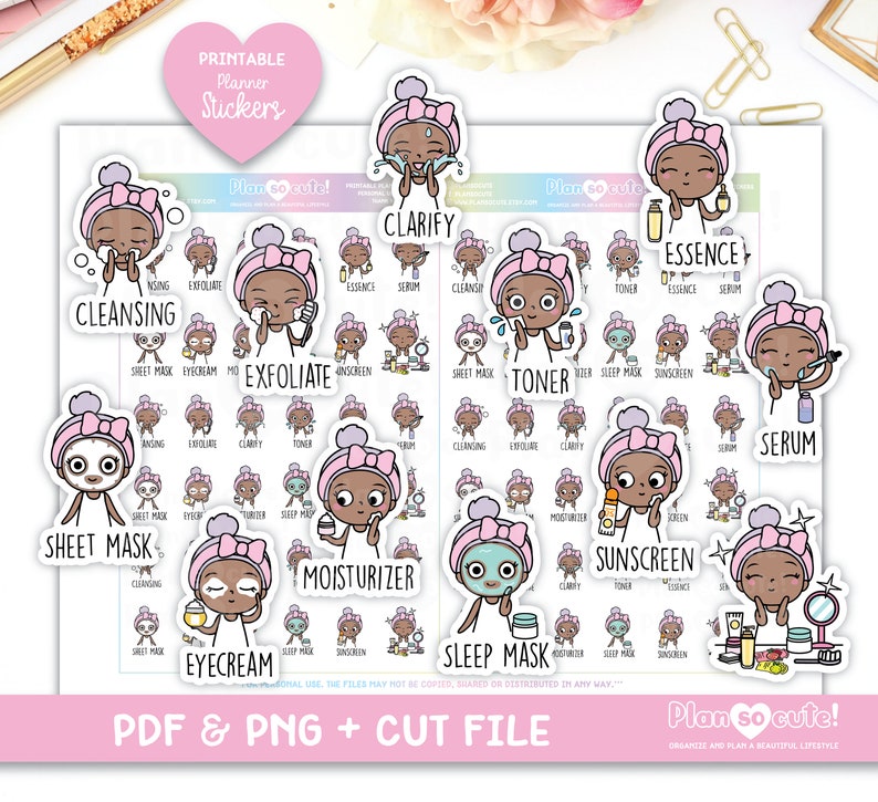 May include: A set of printable planner stickers featuring a cartoon character with different skincare routines. The stickers include labels for cleansing, exfoliating, clarifying, toning, applying essence, serum, moisturizer, eye cream, sheet mask, and sleep mask. The stickers are designed in a pink and white color scheme with a cute and playful style.