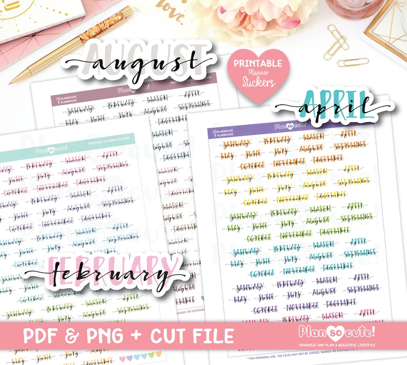 Months Script, Printable Planner Stickers, Cricut and Silhouette files, Bullet Journal Stickers, Erin Condren Stickers 