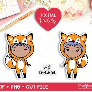 Chibi Girl, Fox Onesie, Dark Skin, Printable Die Cut, Bullet Journal, Planner Stickers