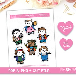 May include: Printable planner stickers featuring cute polar bear characters dressed as characters from the popular TV show Stranger Things. The stickers are in a digital die cut format and are available for personal use only.