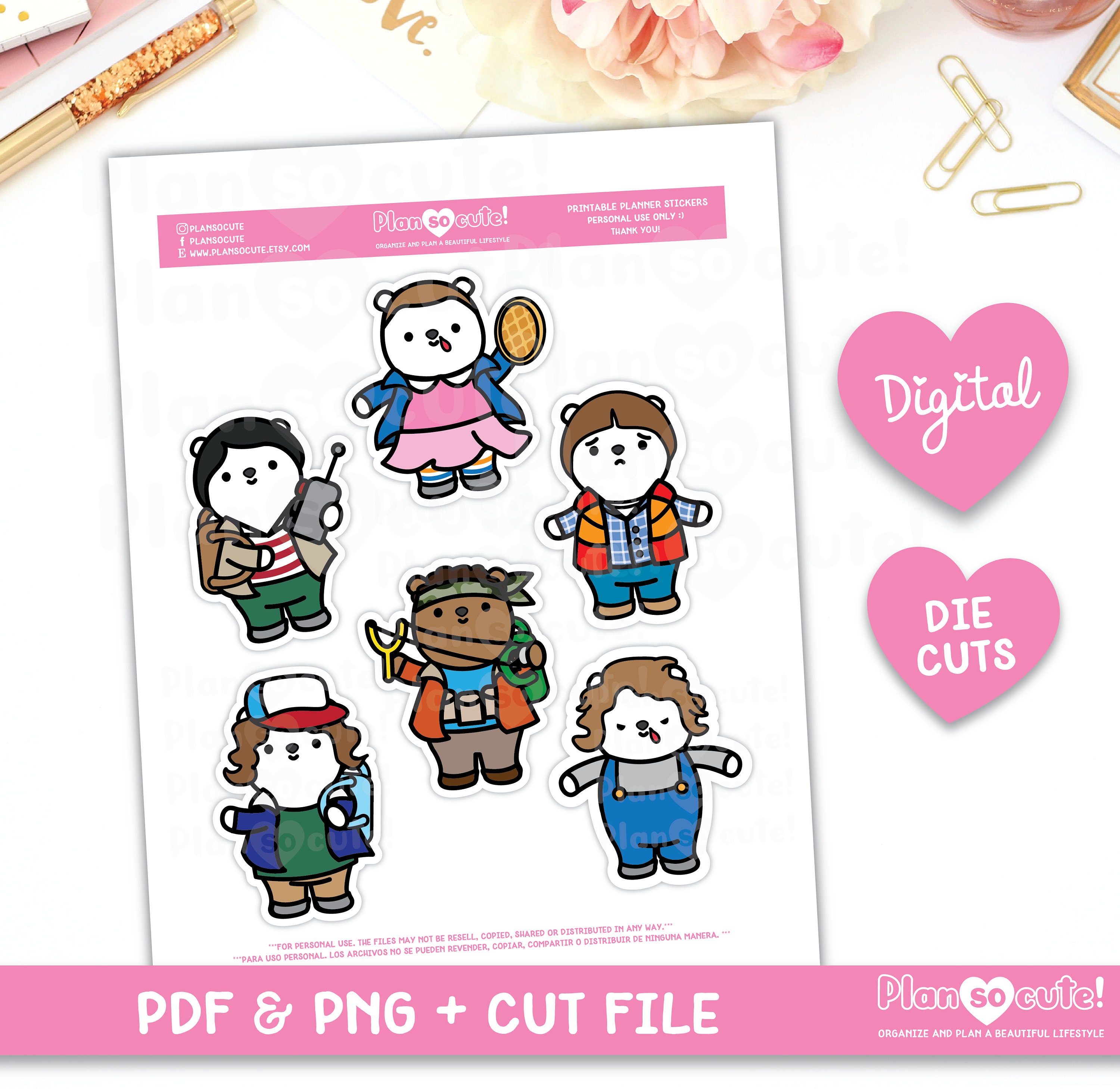 Doodle Bears, Stranger things inspired, Digital Die Cuts, Doodle Stickers, Cricut and Silhouette files