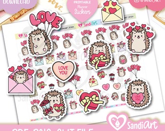 Valentines Hedgehog Printable Planner Stickers, Valentines Stickers, Cute Hedgehog Stickers