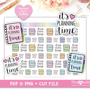 Puede incluir: Un conjunto de 25 pegatinas de planificador imprimibles que presentan un cuaderno colorido con el texto "it's planning time" y un corazón. Las pegatinas son perfectas para agregar un toque de fantasía a tu planificador.