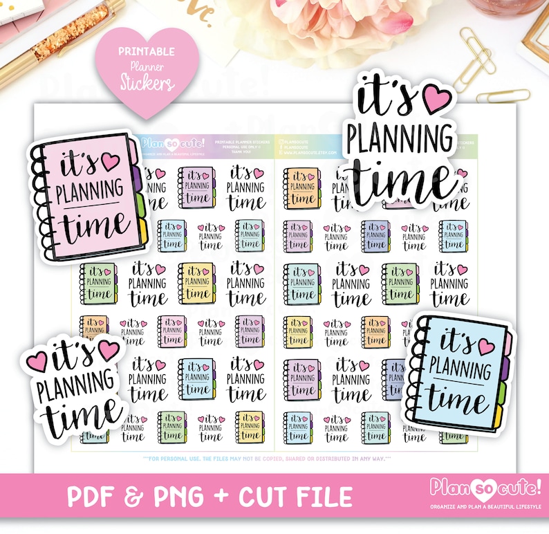 May include: A set of 25 printable planner stickers featuring a colourful notebook with the text "it's planning time" and a heart. The stickers are ideal for adding a touch of whimsy to your planner.