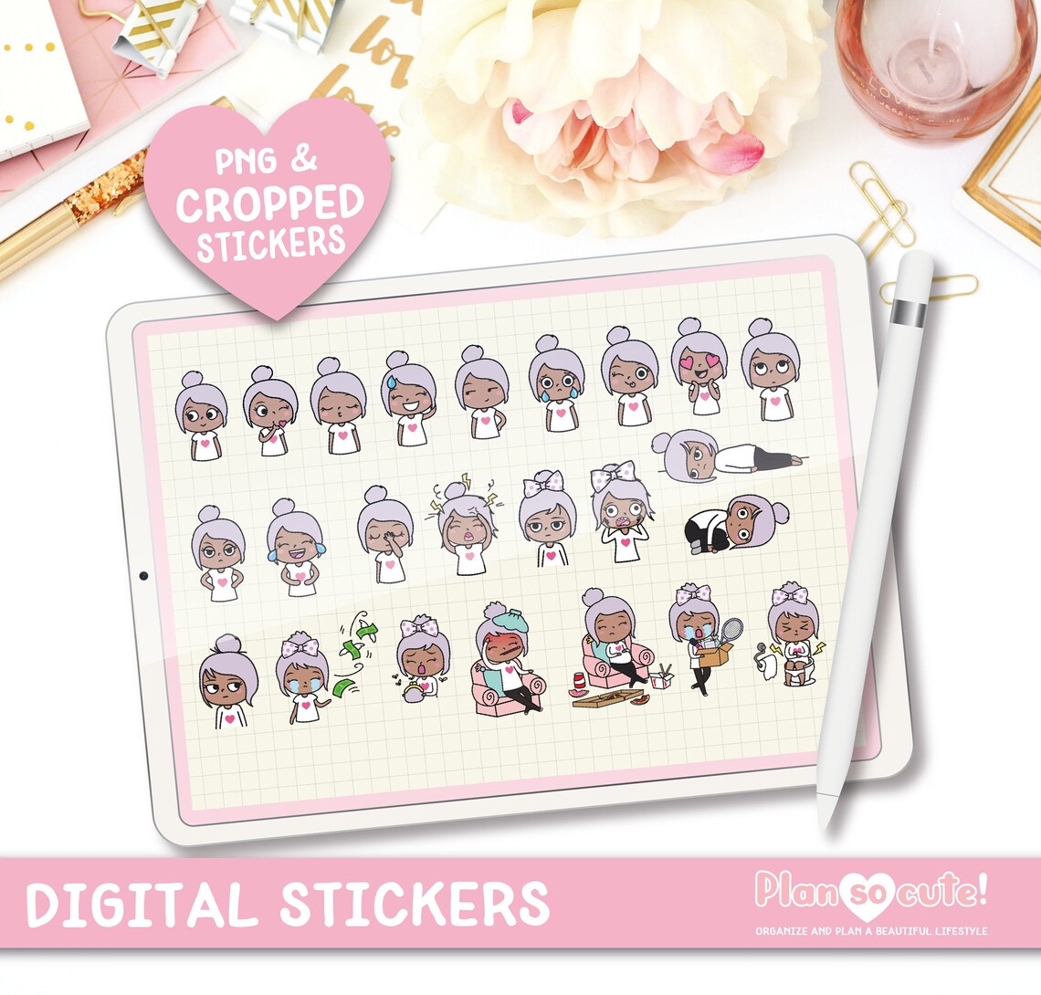 Emily Emotions Digital Stickers, Dark Skin, Goodnotes Stickers, Kawaii ...