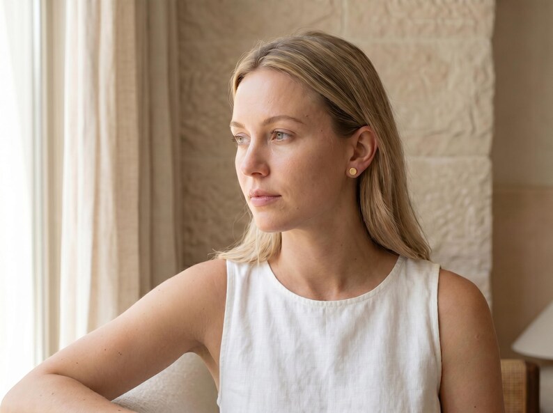 Puede incluir: Una mujer rubia con una camiseta sin mangas blanca y peque&ntilde;os pendientes de oro. El fondo muestra una ventana con cortinas transparentes y una pared de piedra. Los pendientes son de dise&ntilde;o sencillo y circular.