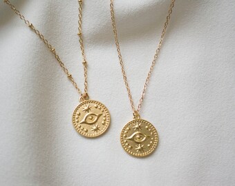 Evil Eye Necklace / Gold Coin Necklace / Coin Necklace / 14k Gold Filled Necklace / Disc Necklace / Gold Evil Eye Necklace. SSJ463