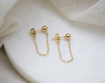 Gold Stud Earrings with Chain / Gold Studs / Chain Loop Studs / Tiny Earrings / Minimal Studs / Stainless Steel Earrings. SSJ075