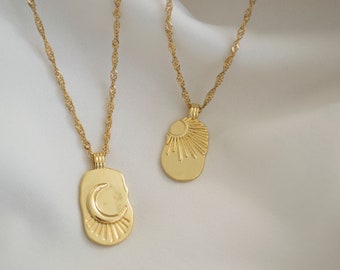 Solhalsband / Solhalsband / Månhalsband / Guldmedaljonghalsband / Elegant guldhalsband / Guldsolhalsband / Himmelska smycken.