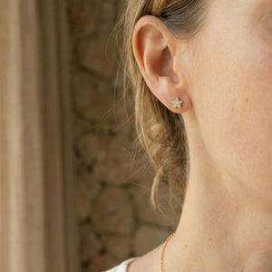 May include: Close-up of a person's ear adorned with a small, gold star-shaped earring. The earring is studded with tiny, sparkling gems. The person's skin is fair, and their hair is pulled back, revealing the ear and earring.