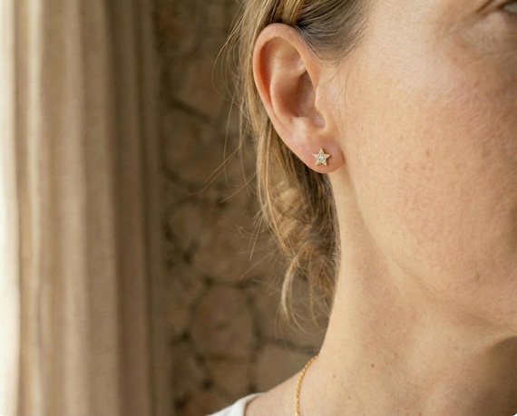 Tiny Pave Star Helix Stud Earrings: 18K Gold Plated Surgical Steel