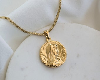 Gold Coin Necklace / Virgin Mary Necklace / Gold Medallion Necklace / Link Chain Necklace / Long Gold Necklace / Chain Necklace. SSJ168