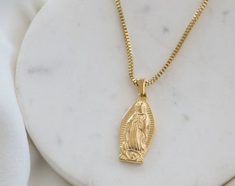 Virgin Mary Necklace / Gold Medallion Necklace / Long Gold Necklace / Chain Necklace / Link Chain Necklace / Cross Necklace. SSJ170