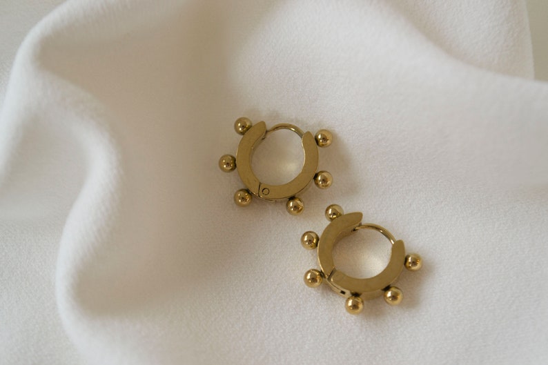 Tiny Gold Beaded Hoops / Small Gold Hoops / Ball Hoop Earrings / Huggie Earrings / Gold Huggie Hoops / Gold Hoop Earrings / Gold Hoops. image 2