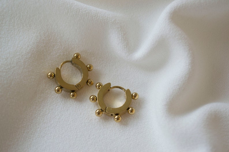 Tiny Gold Beaded Hoops / Small Gold Hoops / Ball Hoop Earrings / Huggie Earrings / Gold Huggie Hoops / Gold Hoop Earrings / Gold Hoops. image 7