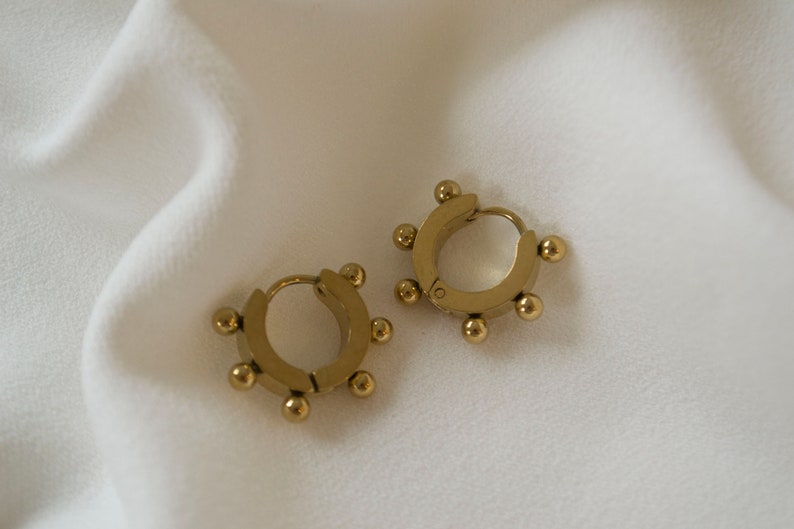 Tiny Gold Beaded Hoops / Small Gold Hoops / Ball Hoop Earrings / Huggie Earrings / Gold Huggie Hoops / Gold Hoop Earrings / Gold Hoops. image 4