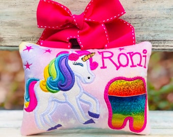 NR.355 Unicorn Tooth fairy pillow. Personalized pillow. Embroidered pillow.