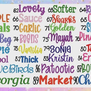 May include: A collection of colorful embroidered words and phrases, including "Lovely," "Apple," "Goals," "LoveBog," "Pupie," "Shool," "Love Birds," "Georgia," "Softer," "Sauce," "Sharks," "Candy," "Garlic," "Golden," "Shacks," "Boons," "Mayah," "Pineapple," "Vanilla," "Sonia," "Tailor," "Thick," "Kristin," "Emilka," "Patootie," "Bouncy," "Market," and "Chilly."