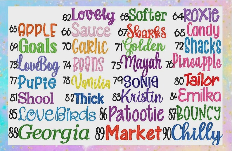 May include: A collection of colorful embroidered words and phrases, including "Lovely," "Apple," "Goals," "LoveBog," "Pupie," "Shool," "Love Birds," "Georgia," "Softer," "Sauce," "Sharks," "Candy," "Garlic," "Golden," "Shacks," "Boons," "Mayah," "Pineapple," "Vanilla," "Sonia," "Tailor," "Thick," "Kristin," "Emilka," "Patootie," "Bouncy," "Market," and "Chilly."