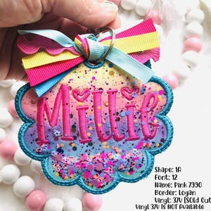 Personalize Fabric Bag Tag, Embroidered Glitter Name Shaker, Name Tag, Back to School, Luggage, Lunch box, Backpack tag