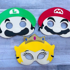 Mario Luigi Felt mask, Princess Embroidered felt mask, Halloween costume, Birthday Party mask.SIZE: KIDS